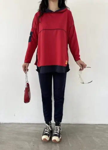 Women's Red Hooded Skirt Hem Detail Crest Reverse Stitch Appearance Two Piece Set - 13