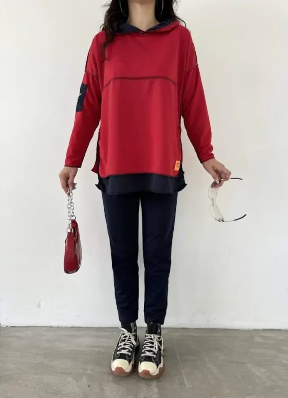 Women's Red Hooded Skirt Hem Detail Crest Reverse Stitch Appearance Two Piece Set - 13