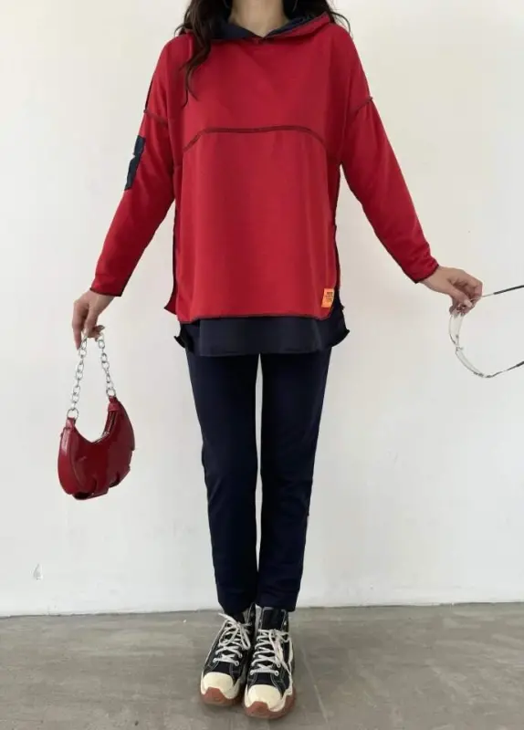 Women's Red Hooded Skirt Hem Detail Crest Reverse Stitch Appearance Two Piece Set - 14