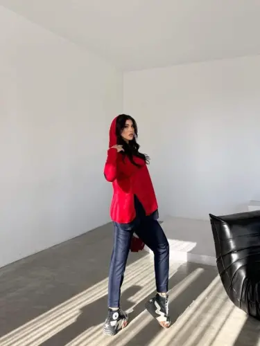 Women's Red Hooded Skirt Hem Detail Crest Reverse Stitch Appearance Two Piece Set - 15