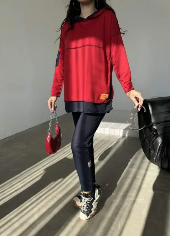 Women's Red Hooded Skirt Hem Detail Crest Reverse Stitch Appearance Two Piece Set - 17