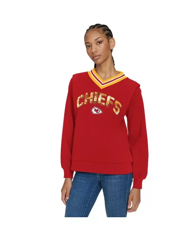 Women's Red Kansas City Chiefs Alice V-Neck Pullover Sweatshirt - TOMMY HILFIGER