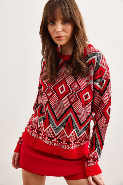 Women's Red Kilim Pattern Knitted Sweater - OLALOOK