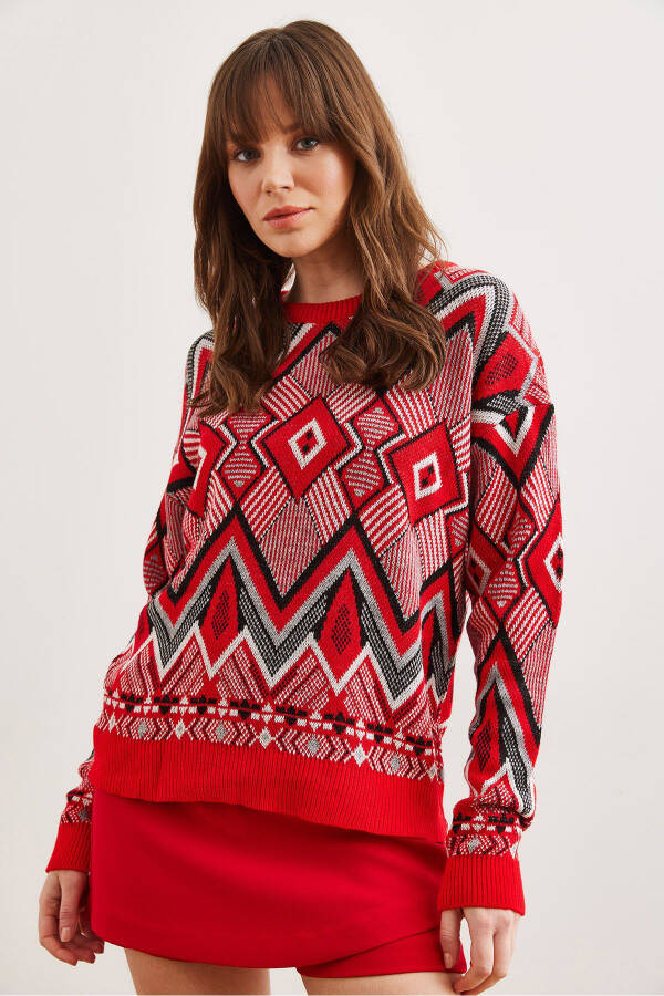 Women's Red Kilim Pattern Knitted Sweater - 2