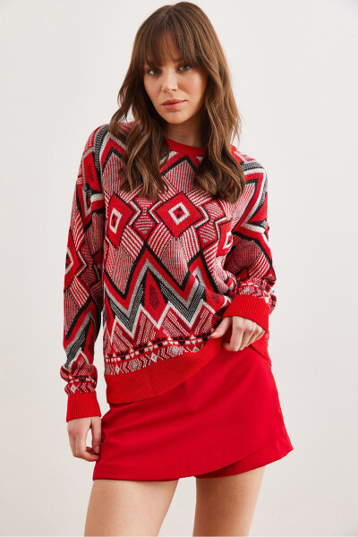 Women's Red Kilim Pattern Knitted Sweater - 3