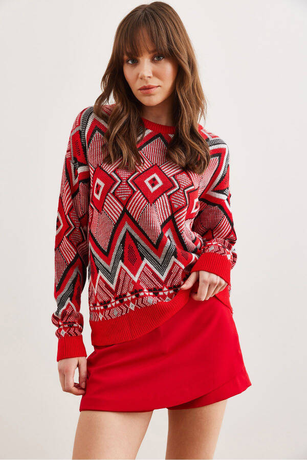 Women's Red Kilim Pattern Knitted Sweater - 3
