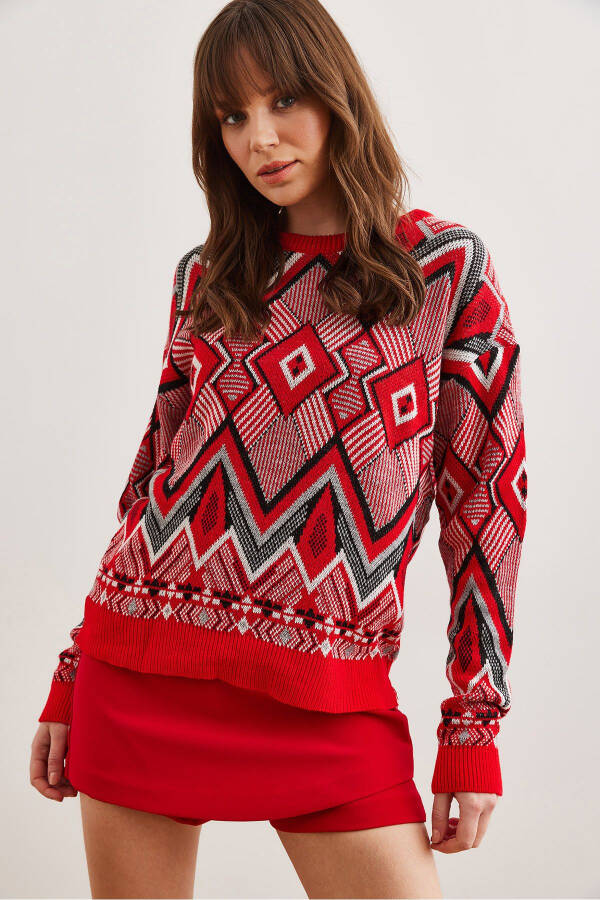 Women's Red Kilim Pattern Knitted Sweater - 4