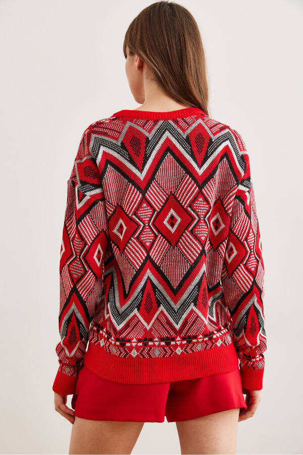 Women's Red Kilim Pattern Knitted Sweater - 5