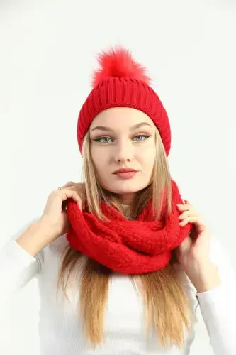 Women's Red Knitted Pom Pom Beanie and Knit Neck Warmer Set-Red - 1