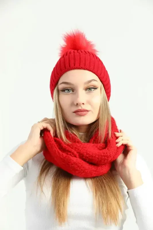 Women's Red Knitted Pom Pom Beanie and Knit Neck Warmer Set-Red - RITAGARCIA