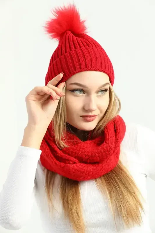 Women's Red Knitted Pom Pom Beanie and Knit Neck Warmer Set-Red - 2