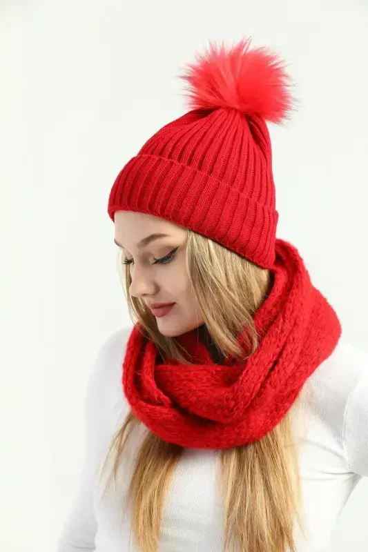 Women's Red Knitted Pom Pom Beanie and Knit Neck Warmer Set-Red - 3