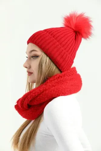 Women's Red Knitted Pom Pom Beanie and Knit Neck Warmer Set-Red - 4