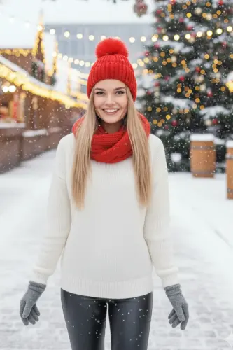 Women's Red Knitted Pom Pom Beanie and Knit Neck Warmer Set-Red - 8