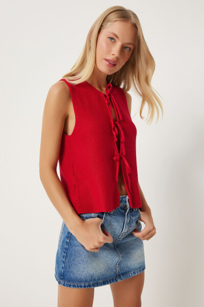 Women's Red Lace-up Knit Vest US00923 - 4