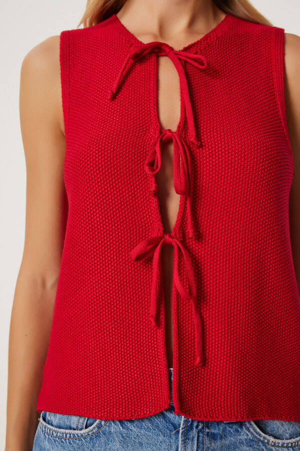 Women's Red Lace-up Knit Vest US00923 - 5