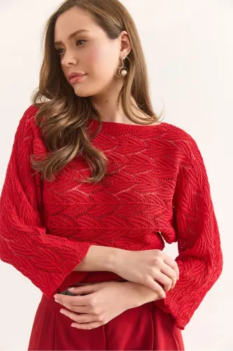 Women's Red Leaf Patterned Bat Cotton Tricot Bl - 1