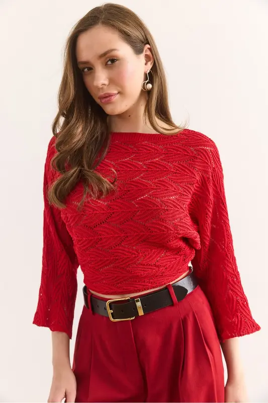 Women's Red Leaf Patterned Bat Cotton Tricot Bl - 2