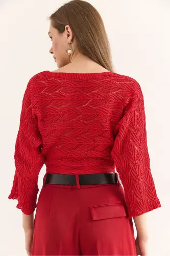 Women's Red Leaf Patterned Bat Cotton Tricot Bl - 5
