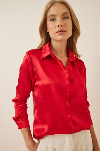 Women's Red Lightweight Flowy Satin Shirt DD00990 