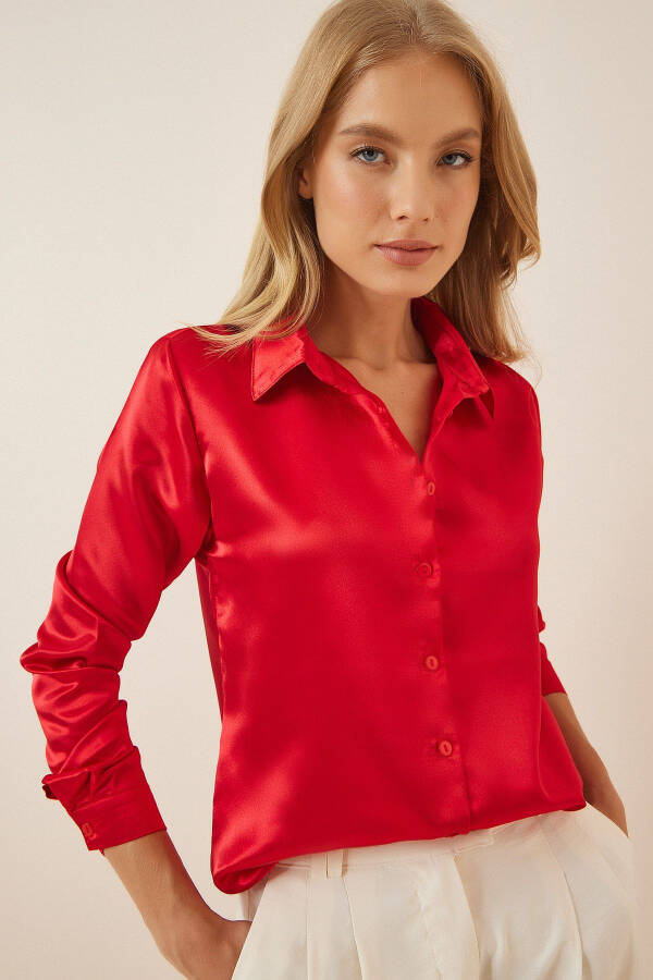 Women's Red Lightweight Flowy Satin Shirt DD00990 - 2