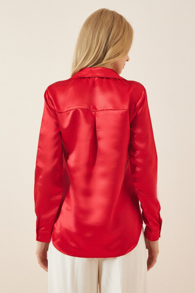 Women's Red Lightweight Flowy Satin Shirt DD00990 - 3