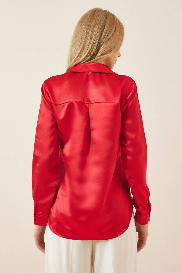 Women's Red Lightweight Flowy Satin Shirt DD00990 - 3