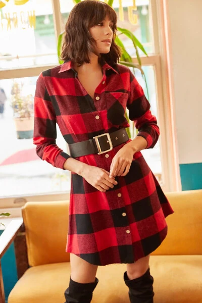 Women's Red Lumberjack Thick Plaid Tunic Dress ELB-19000836 - OLALOOK