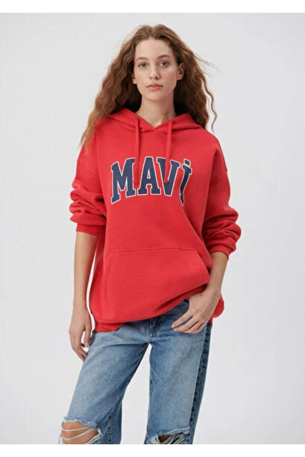 Women's Red M1600361-82054 Blue Logo Hooded Sweatshirt - 10