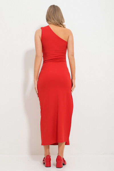Women's Red One Shoulder Drape Detail Deep Slit Lycra Knit Dress Alc-X11686 - 6