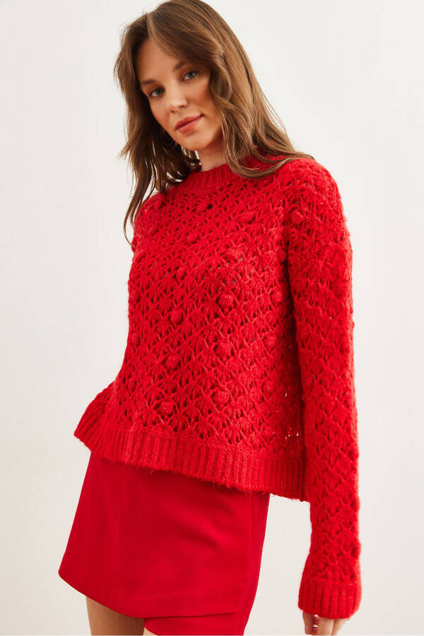 Women's Red Openwork Pom Pom Knitted Soft Texture Sweater KZK-19000935 - 1