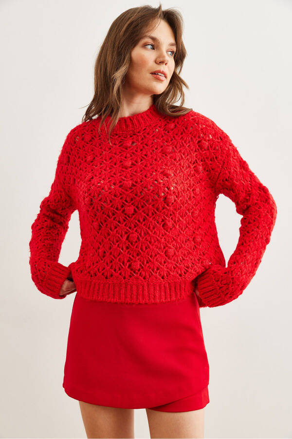 Women's Red Openwork Pom Pom Knitted Soft Texture Sweater KZK-19000935 - 3