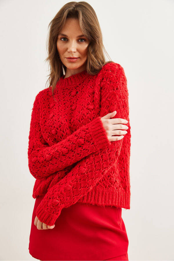 Women's Red Openwork Pom Pom Knitted Soft Texture Sweater KZK-19000935 - 4