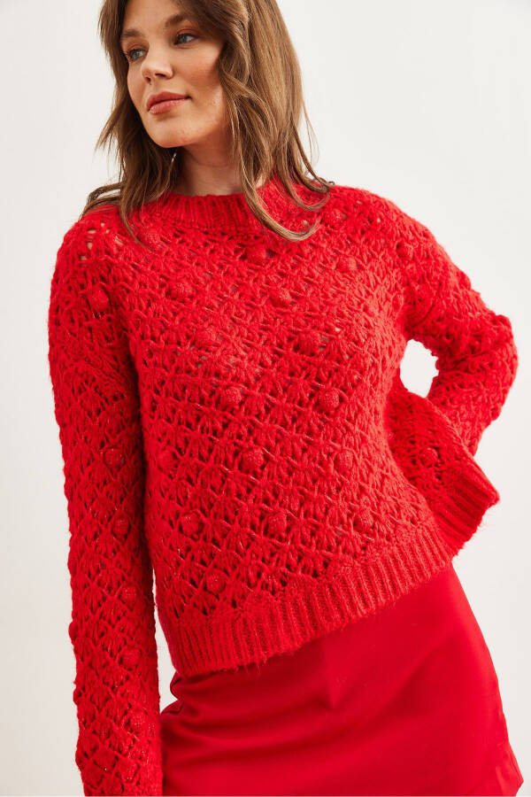 Women's Red Openwork Pom Pom Knitted Soft Texture Sweater KZK-19000935 - 5