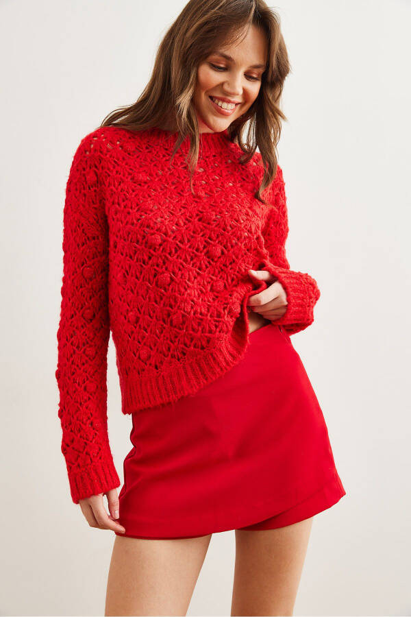 Women's Red Openwork Pom Pom Knitted Soft Texture Sweater KZK-19000935 - 6