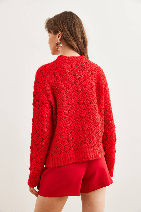 Women's Red Openwork Pom Pom Knitted Soft Texture Sweater KZK-19000935 - 7