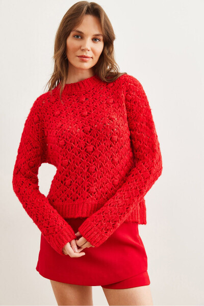 Women's Red Openwork Pom Pom Knitted Soft Texture Sweater KZK-19000935 - OLALOOK (1)