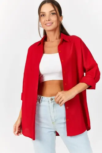 Women's Red Oversize Long Basic Shirt ARM-22Y001118-Red - 1