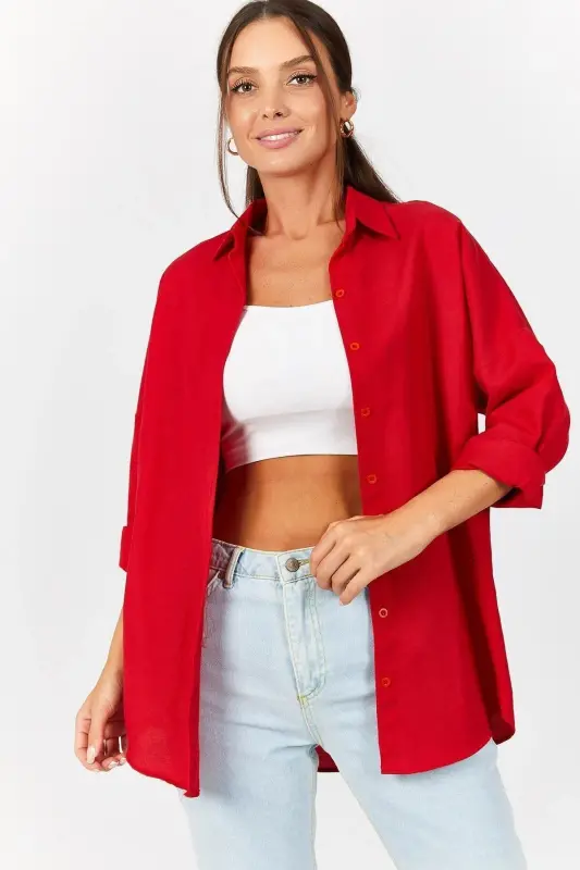 Women's Red Oversize Long Basic Shirt ARM-22Y001118-Red - 1