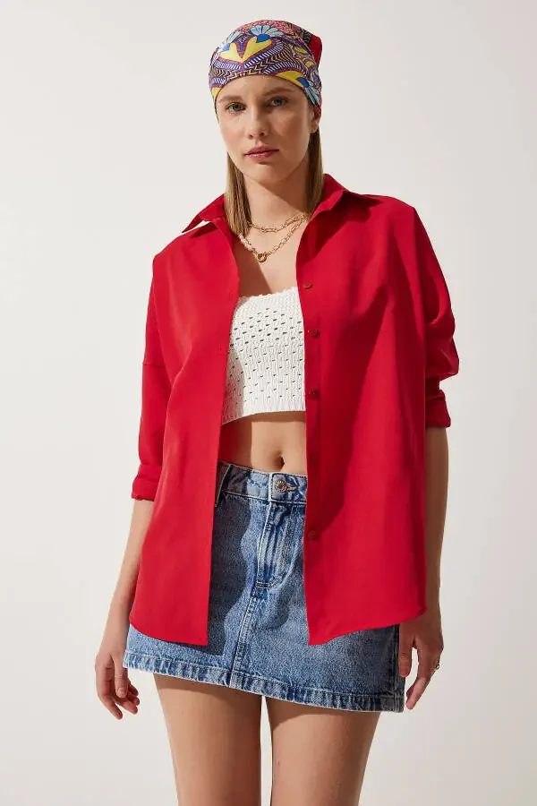 Women's Red Oversize Long Basic Shirt DD00842 - 1
