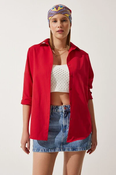 Women's Red Oversize Long Basic Shirt DD00842 - 2