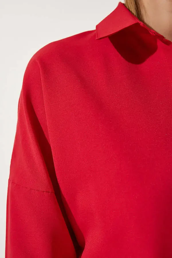 Women's Red Oversize Long Basic Shirt DD00842 - 3