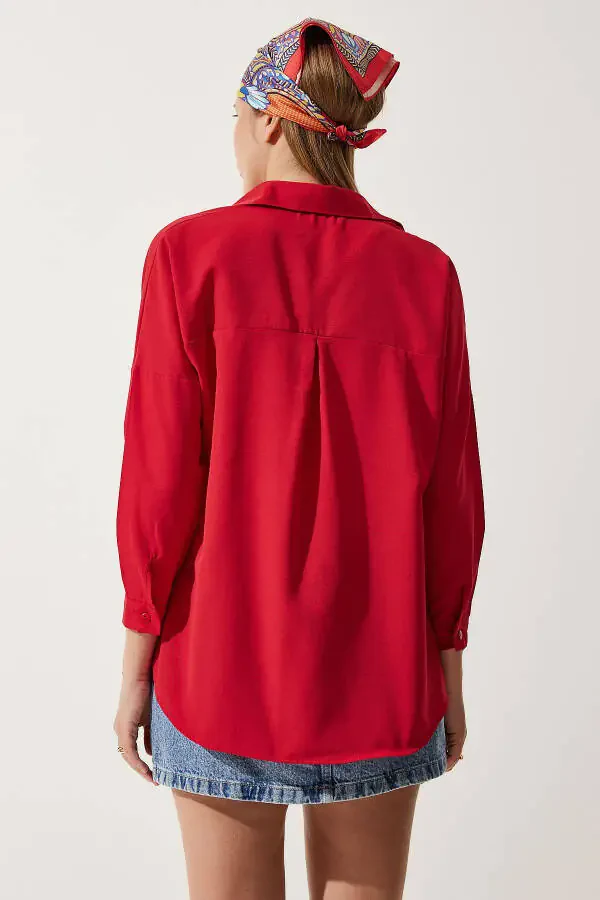 Women's Red Oversize Long Basic Shirt DD00842 - 4