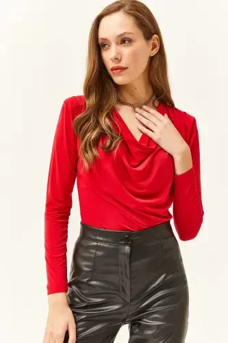 Women's Red Padded Pleated Cowl Neck Blouse BLZ-19002419-Red - 1