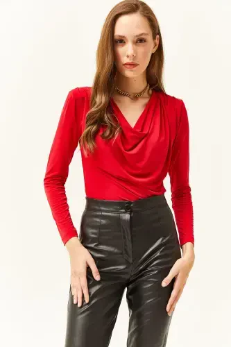 Women's Red Padded Pleated Cowl Neck Blouse BLZ-19002419-Red - OLALOOK (1)