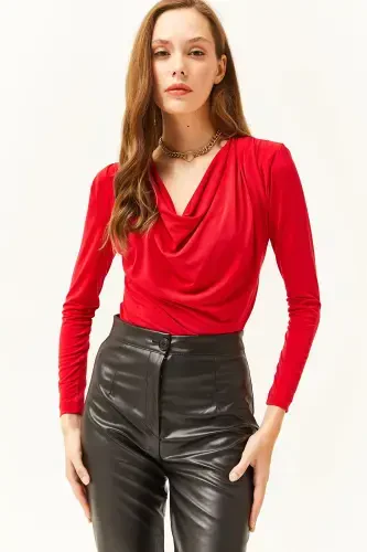 Women's Red Padded Pleated Cowl Neck Blouse BLZ-19002419-Red - 3