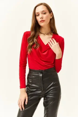 Women's Red Padded Pleated Cowl Neck Blouse BLZ-19002419-Red - 4