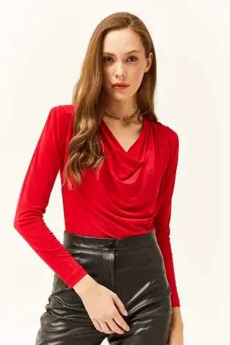 Women's Red Padded Pleated Cowl Neck Blouse BLZ-19002419-Red - 5
