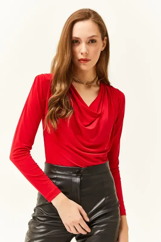 Women's Red Padded Pleated Cowl Neck Blouse BLZ-19002419-Red - 5