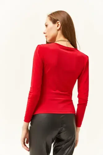 Women's Red Padded Pleated Cowl Neck Blouse BLZ-19002419-Red - 6